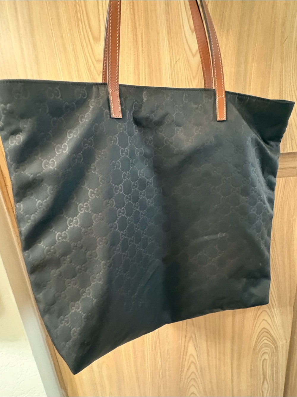 Auth Gucci Black Nylon Tote Bag Large Shoulder Bag Leather Trim 17x14 - Picture 11 of 13